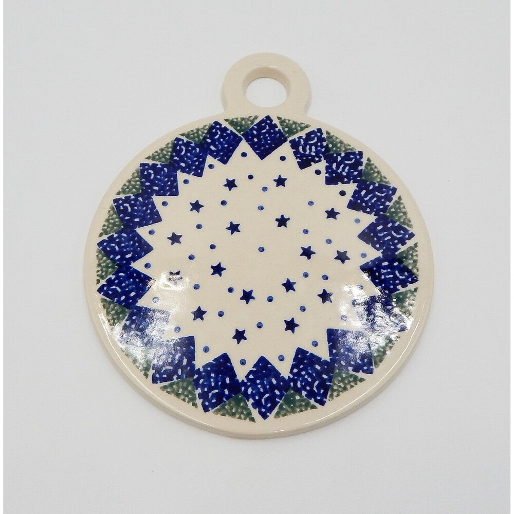 Boleslawiec Pottery Cheese Plate Trivet Star Pattern Handle Blue Green